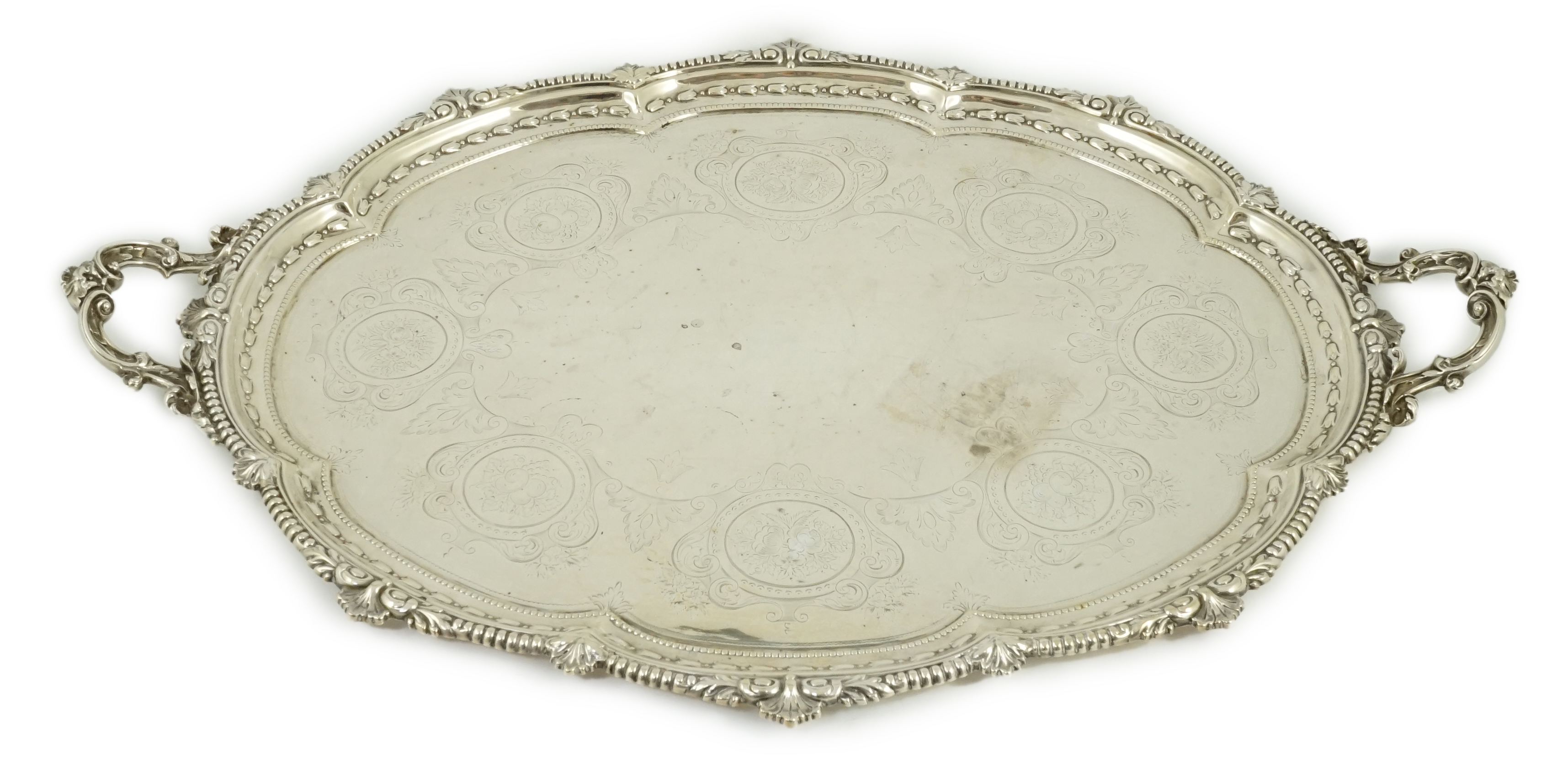 A large Victorian silver oval two handled tea tray, by Hawksworth, Eyre & Co